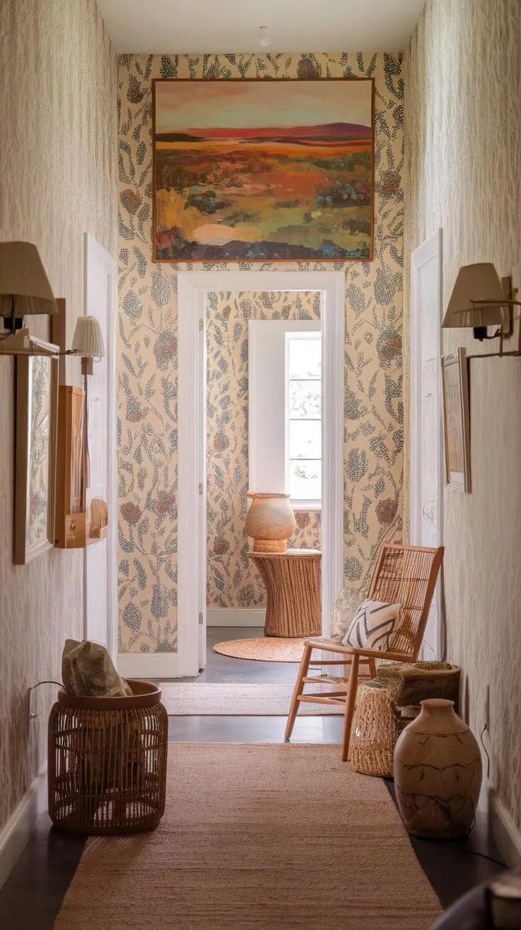 A narrow hallway bursts with bohemian charm, its floral wallpaper and eclectic décor creating a vibrant, welcoming passage.