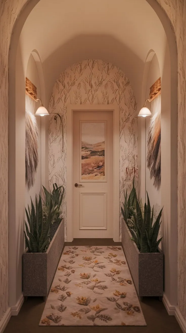 Floral wallpaper, soft lighting, and lush plants transform a narrow hallway into a cozy boho haven.