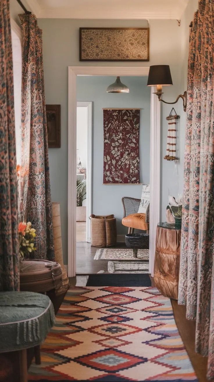 Bohemian style reigns in a light blue hallway, its colorful rug and patterned curtains complemented by artwork and strategically placed furniture.