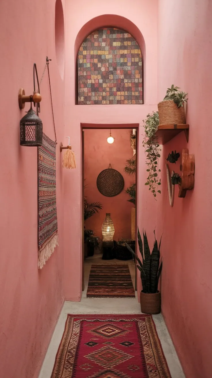 A cozy pink hallway, adorned with boho décor and vibrant art, creates a welcoming and inviting atmosphere.