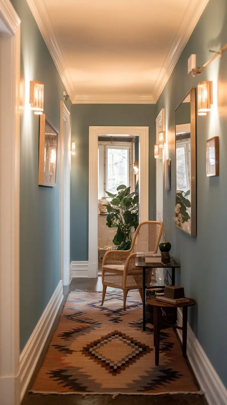 Boho style thrives in a cozy, narrow hallway, accented by soft blue walls, a patterned rug, and carefully placed furniture.