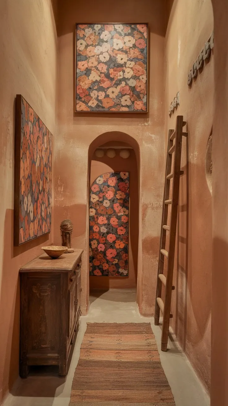 Warm hues and eclectic bohemian decor transform a narrow hallway into a charming and inviting space.