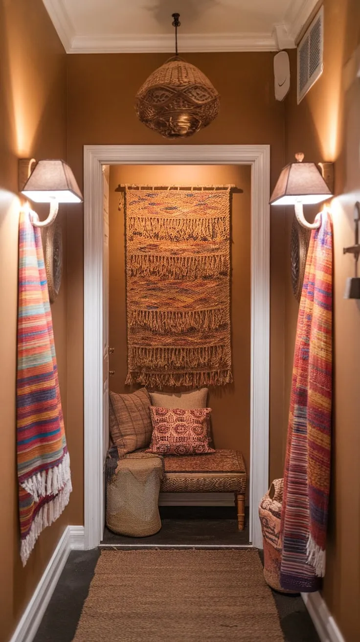 A warm-hued boho hallway makeover boasts colorful decor, a large wall art piece, entryway lamps, and a cozy rug, transforming a narrow space into a welcoming entryway.
