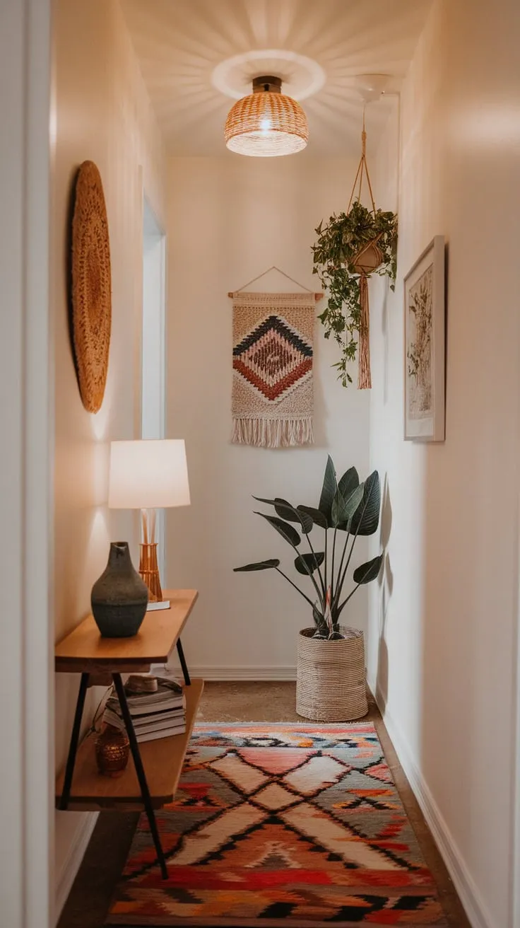 Warm lighting illuminates a narrow boho hallway, its vibrant rug and eclectic décor transforming a tight space into a welcoming passageway