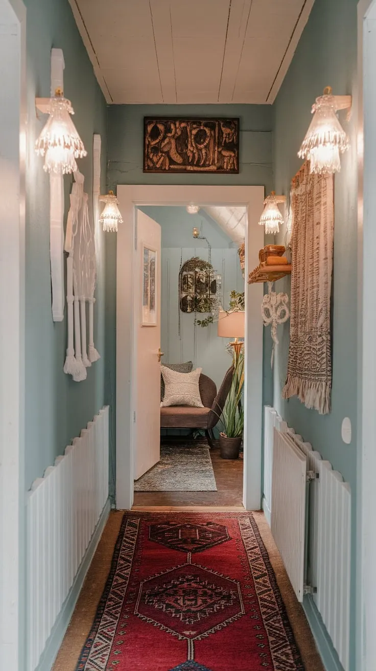 Light blue walls, white details, and a vintage rug create a welcoming and intimate atmosphere in a narrow boho hallway.