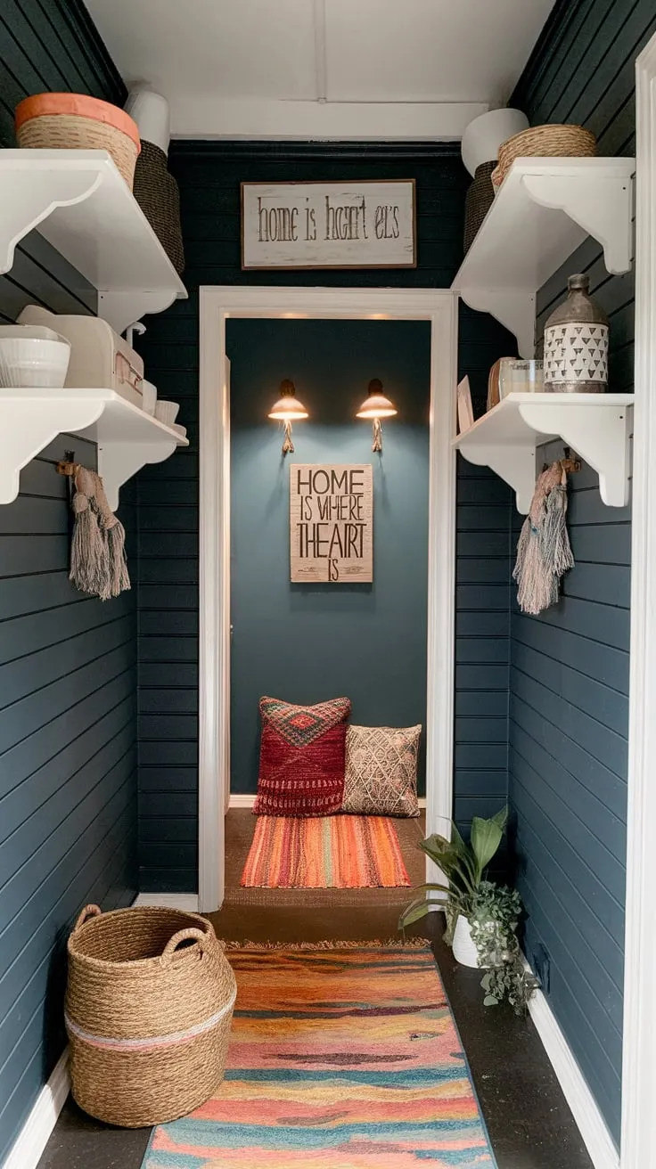A cozy boho hallway, painted deep blue and adorned with eclectic details, invites you home.