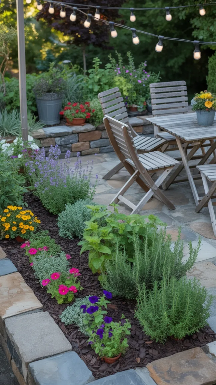 Sunlit Stone Patio Herb Garden with Rustic Bistro and Twinkling String Lights