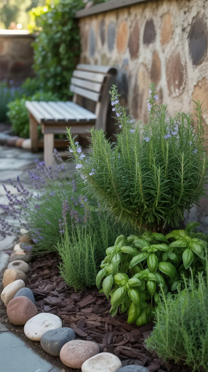 Sunlit Herb Sanctuary Beside a Weathered Stone Wall