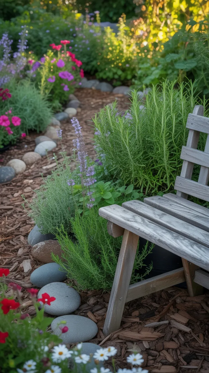 Sunlit Herb Haven with Weathered Bench and Lavender-Scented Calm