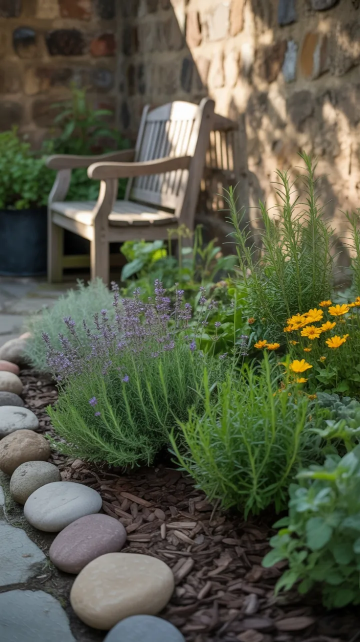 Sunlit Herb Sanctuary by a Weathered Stone Wall