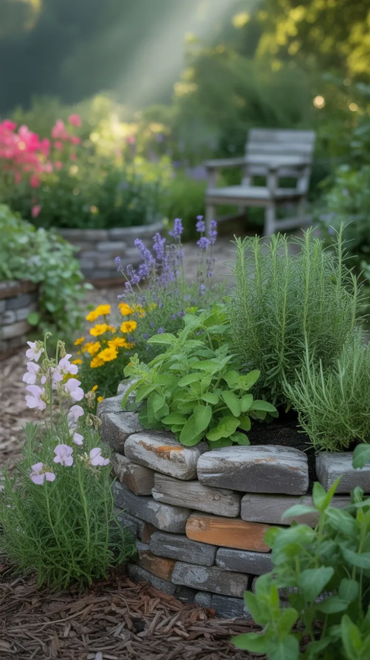 Sunlit Stone Herb Garden Brimming with Lavender Rosemary and Scarlet Sage