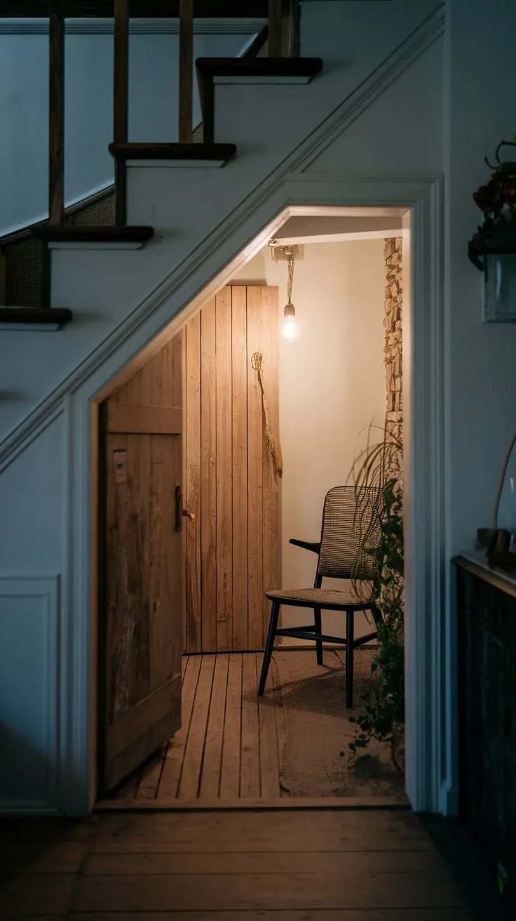 A dimly lit, hidden den under the stairs, revealed. The wooden door conceals a small, surprisingly cozy space, complete with a chair, a plant, and simple plank flooring. This under stairs storage area feels more like a secret room, a true skjulte rum.