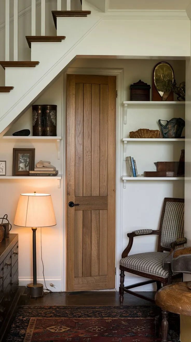 Discover this enchanting hidden den, a secret room tucked away under the stairs. The small space, a perfect example of under stairs storage, is filled with character, its wooden door concealing shelves brimming with treasures. A cozy rug softens the floor, while a lamp and chair invite quiet contemplation in this skjulte rum.