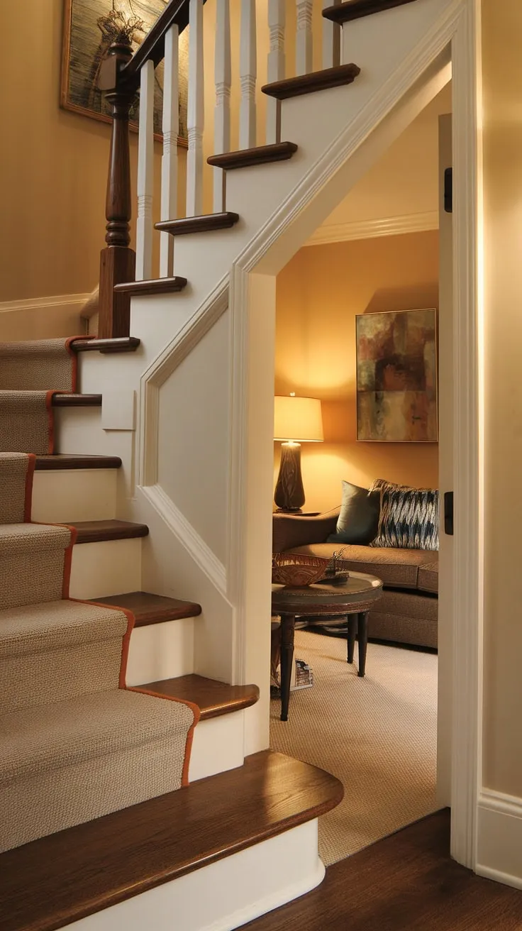 A warm lamp illuminates this inviting hidden den, cleverly concealed under the stairs. This under stairs storage area has been cleverly repurposed into a secret room, a perfect example of maximizing space. The carpeted stairs and charming painting add to the ambiance of this unique skjulte rum, a truly hidden rooms find.