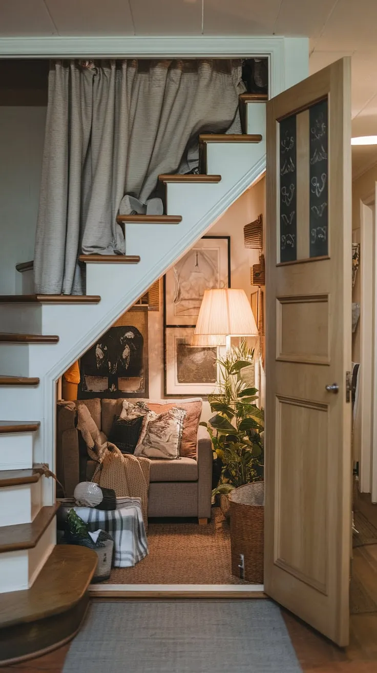 Tucked away under the stairs, a hidden den reveals itself. This skjulte rum, or hidden room, is a cozy retreat, filled with a comfortable couch, a warm lamp, and a touch of greenery. The wooden door and curtain maintain the air of mystery, making this under stairs storage space feel like one of those secret rooms we all dream of. Under stairs storage has never looked so inviting.