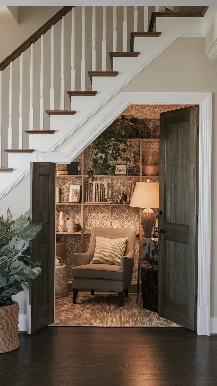 A whimsical hidden rooms retreat awaits! This under the stairs space, cleverly designed as under stairs storage, is a true secret room. The wooden door conceals a cozy skjulte rum, filled with a chair, lamp, and shelf, showcasing the potential of under stairs storage. The patterned walls and stair railing add to the enchanting atmosphere of this unique find.