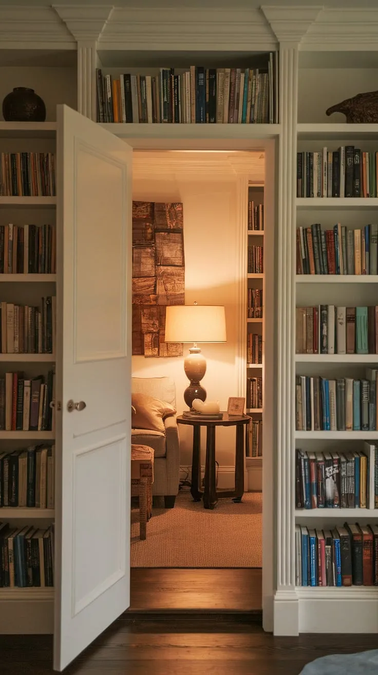 Discover the magic of a hidden den, a skjulte rum tucked away behind a seemingly ordinary bookshelf. This secret room, accessed through a cleverly concealed door, offers a cozy retreat under the stairs, complete with a comfortable couch, warm lamplight, and a small table. The perfect under stairs storage solution and a delightful surprise – a hidden rooms sanctuary.