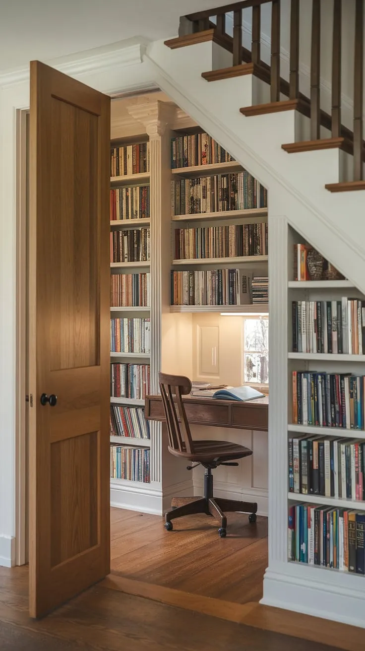 Discover this enchanting hidden den, a secret room tucked away under the stairs. The soft lighting illuminates the wooden floor and overflowing bookshelves, creating the perfect under stairs storage and a cozy workspace. This skjulte rum, or hidden rooms as some might call it, offers a quiet escape.