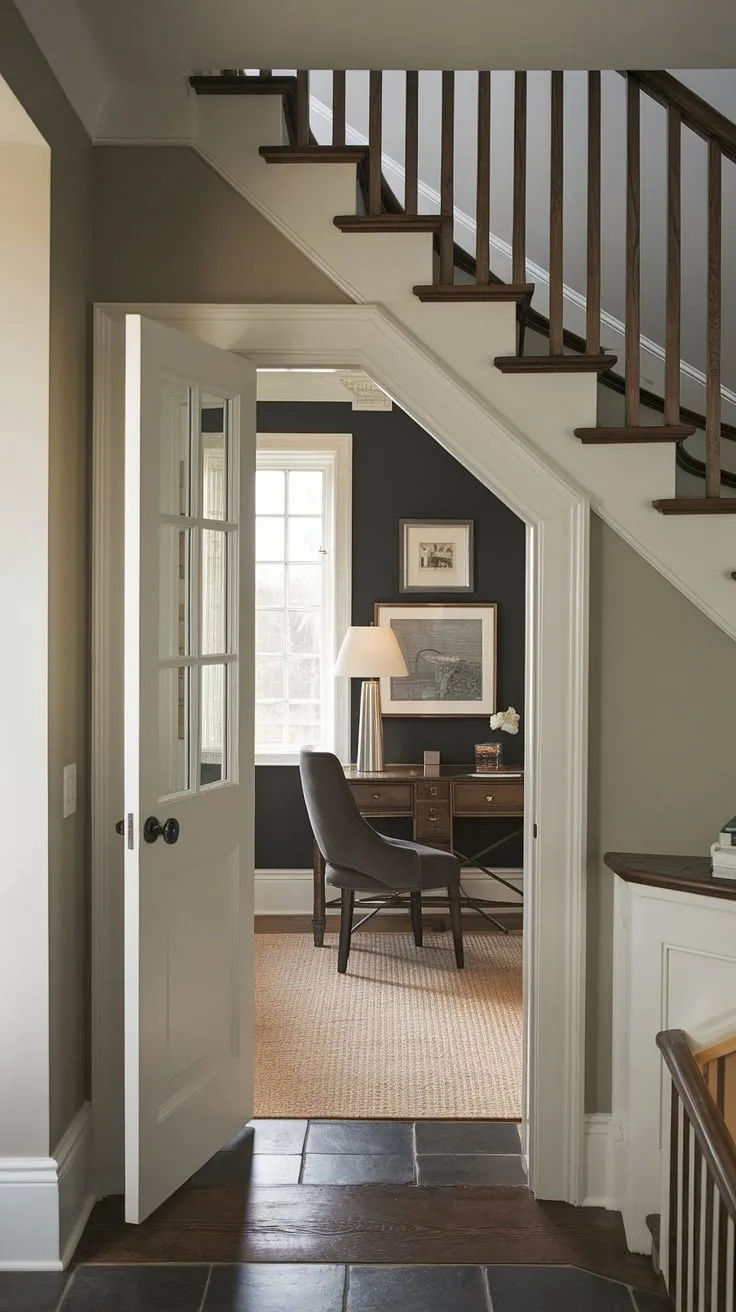 Discover this hidden rooms marvel: a skjulte rum cleverly concealed under the stairs. This under stairs storage area has been transformed into a charming secret rooms, complete with a desk and chair. The dark paint and small window add to the mysterious allure of this under stairs haven.