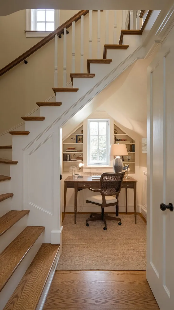 Discover the magic of hidden rooms! This under stairs storage area has been transformed into a charming and functional hidden den. The warm lighting and simple furnishings make this under the stairs space feel surprisingly spacious and inviting. A perfect example of how to utilize under stairs storage creatively, this secret room is a delightful surprise.