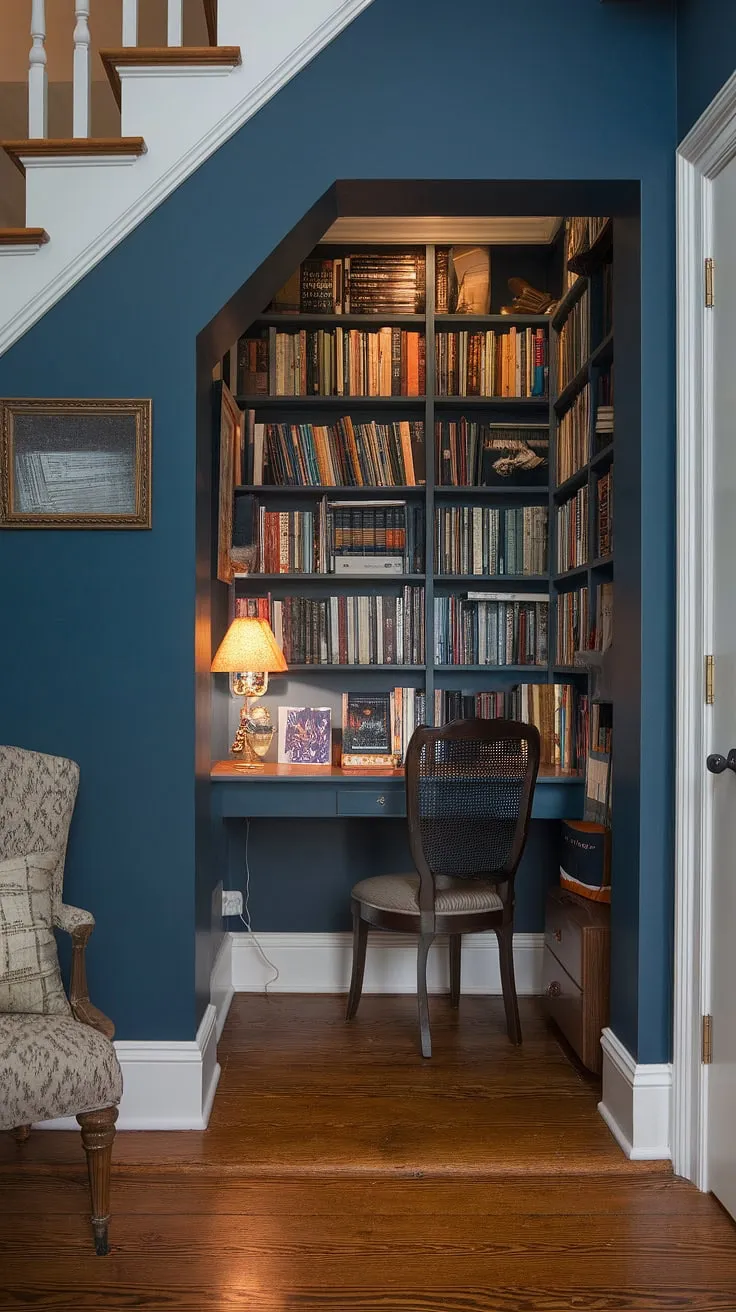 Discover the magic of this hidden den, a secret room tucked away under the stairs. The deep blue walls, wooden floorboards, and cozy collection of books create the perfect under stairs storage and reading nook. This skjulte rum, or hidden rooms, offers a quiet escape, complete with a small desk and lamp.
