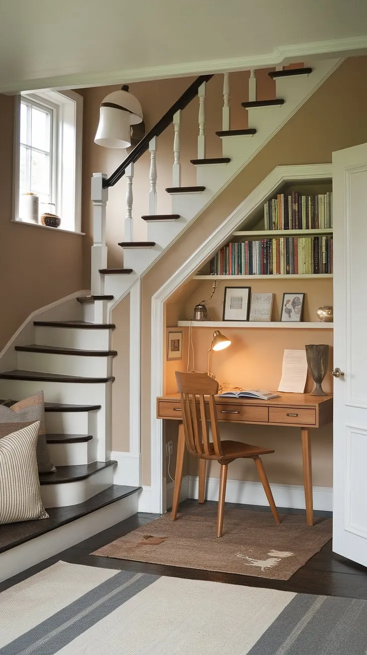 Discover the magic of this hidden den, a true skjulte rum tucked away under the stairs. This under stairs storage space has been transformed into a cozy retreat, complete with a desk, chair, books, and even a door to the outside world. The beige walls and soft rug create a peaceful atmosphere, while the lamp and window add a touch of warmth to this secret room. This ingenious use of under stairs storage showcases the potential of hidden rooms.