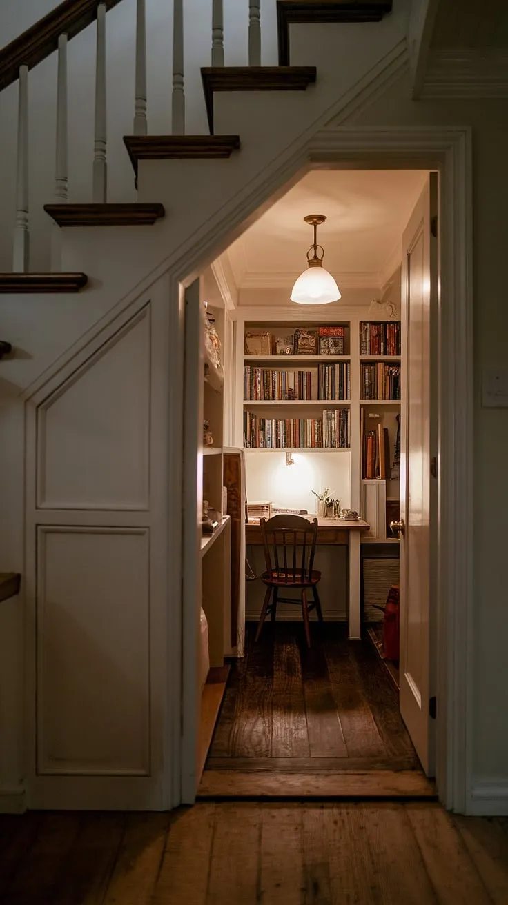 Discover the magic of this hidden den, a secret room tucked away under the stairs, a perfect under stairs storage solution and a skjulte rum for quiet contemplation.