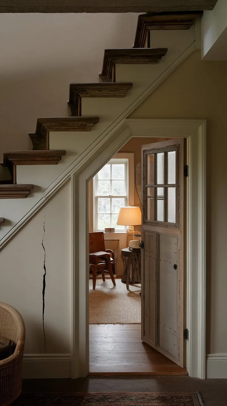 Discover this hidden den, a true skjulte rum tucked away under the stairs. The rustic wooden stairs lead down to a cozy under stairs storage space, a secret room complete with a wooden chair, lamp, and a small window letting in a sliver of light. A crack in the beige wall adds to its charmingly mysterious atmosphere.