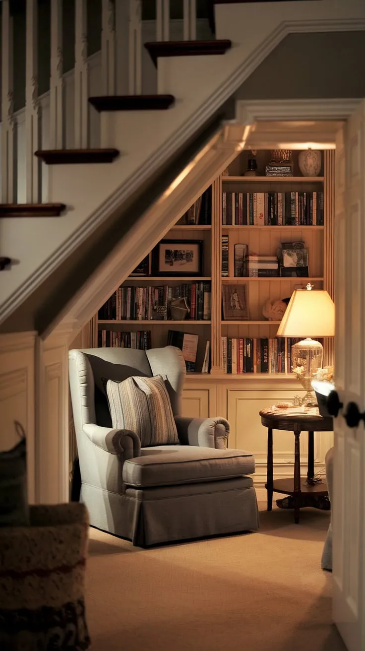 A whimsical secret room awaits! This hidden den, nestled under the stairs, is a delightful surprise. The soft lighting illuminates a cozy armchair, small table, and bookshelves brimming with stories. Transforming under stairs storage into this charming space, this hidden rooms design proves that even stairs storage can be extraordinary. Explore the mystery of this skjulte rum.