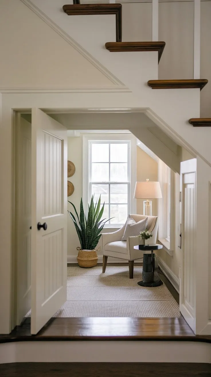 Tucked away under the stairs, this hidden den, or as some might say, *skjulte rum*, offers a quiet escape. A small window lets in natural light, illuminating the cozy space furnished with a comfortable chair, a lamp, and a thriving plant. This under stairs storage area has been cleverly transformed into a secret room, a perfect example of maximizing under stairs space.