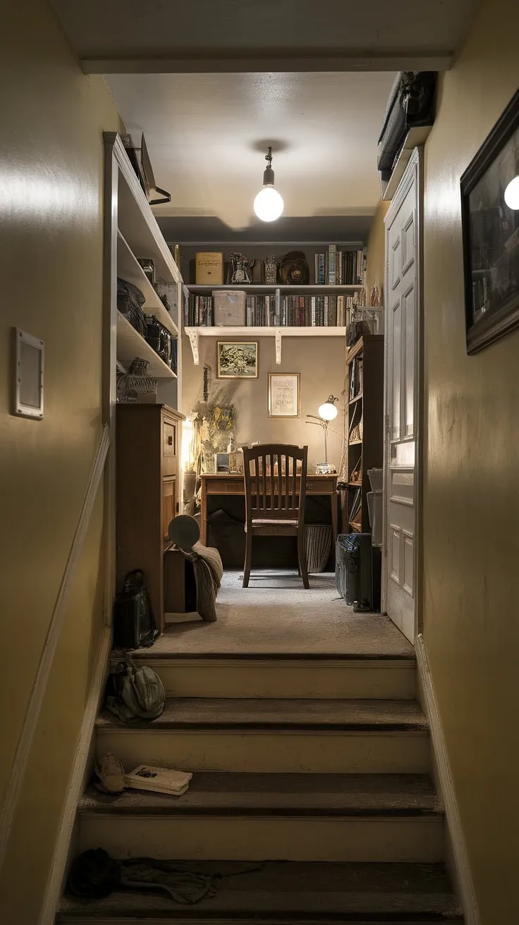 Dust motes dance in the single bulb's weak light, illuminating the cluttered contents of this hidden den, a true skjulte rum tucked away under the stairs. A desk, chair, and bookshelf cram the small space, hinting at a life lived in secret. This under stairs storage area, a forgotten secret room, feels both cozy and claustrophobic, a testament to the ingenuity of finding space in unexpected places. The dusty stairs themselves, laden with further stored items, lead to the main house, concealing this under stairs treasure trove.