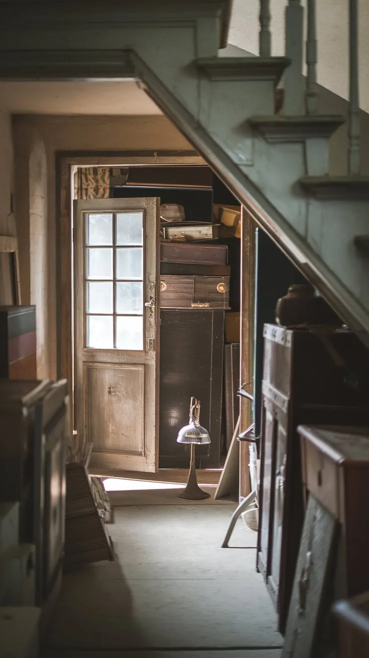 A sliver of sunlight reveals a hidden den, a true skjulte rum, tucked away under the stairs. Old furniture and boxes overflow this under stairs storage space, hinting at forgotten treasures and secret rooms within its dimly lit confines. The rustic wooden door, complete with a small window, guards the mystery within.