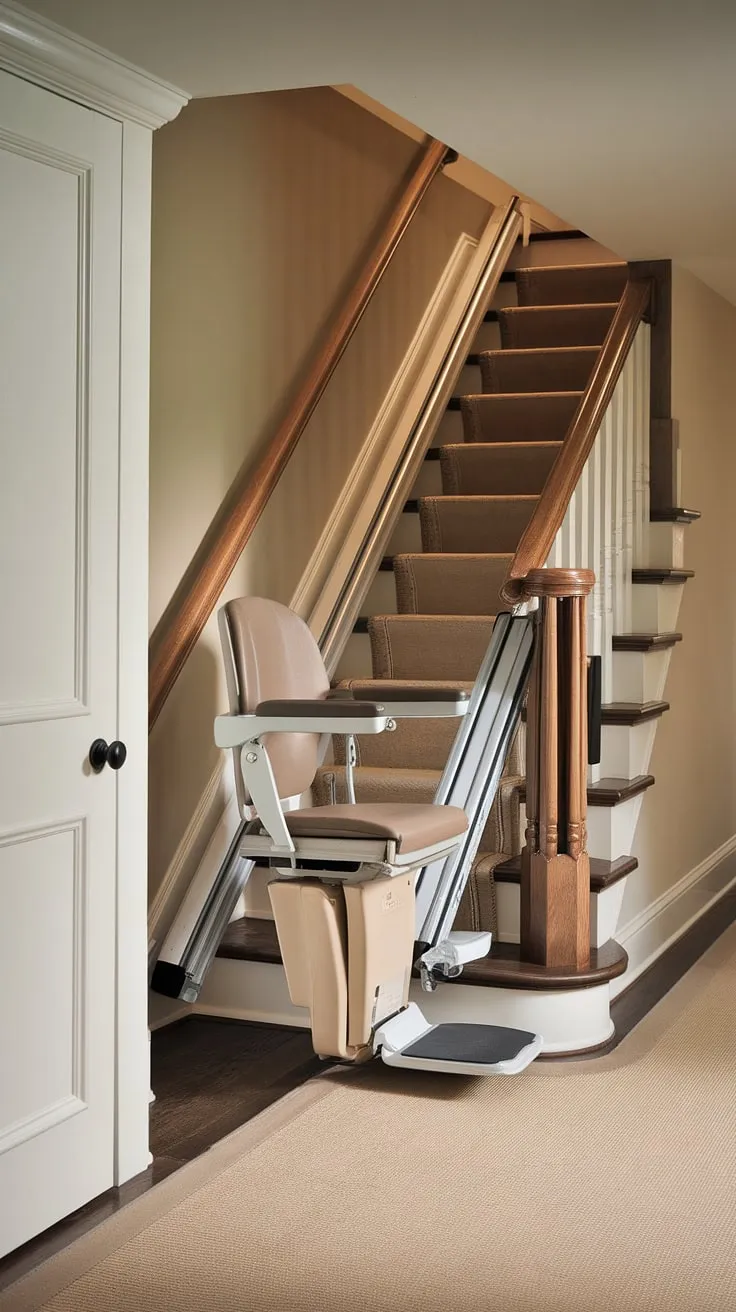 This hidden staircase, a testament to clever design, showcases a stairlift seamlessly integrated into its structure.  For those seeking stairlift ideas or stair lift ideas, this is a prime example of a steep stairs solution that prioritizes safe stairs and accessible homes.  Consider this inspiration for your own accessible home ideas, whether you're looking at DIY stair lift options or exploring ways to make stairs less steep and easier to navigate.  Moving basement stairs becomes effortless with this thoughtful approach.