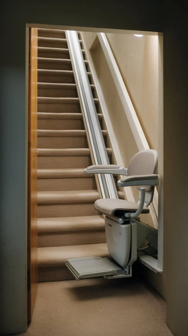 Uncover the secret passage! This hidden staircase, with its steep incline, is made accessible and safe thanks to a thoughtfully installed stairlift.  Explore stairlift ideas and steep stairs solutions for your own home.  From accessible homes to DIY stair lift projects, this image inspires creative ways to make stairs less steep and improve accessibility, especially for moving basement stairs.