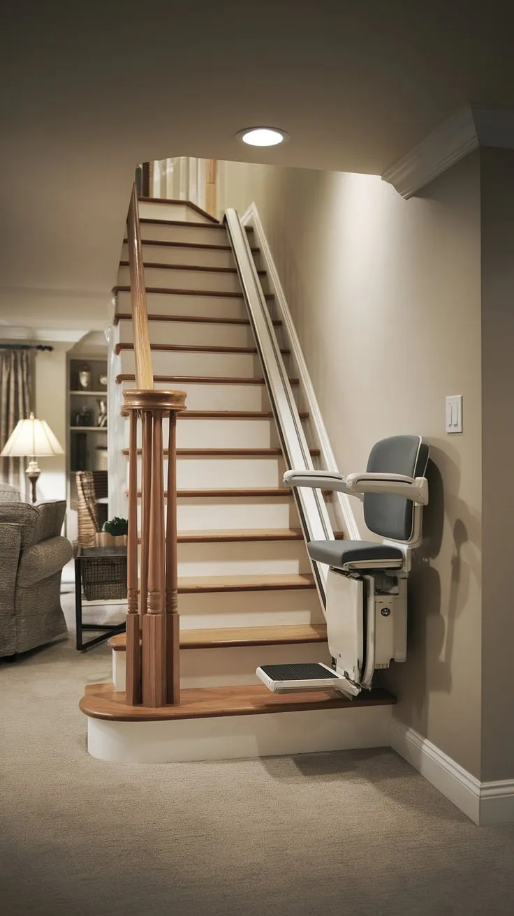 This dimly lit basement reveals a hidden staircase, a testament to ingenious space planning.  But the real marvel? The seamlessly integrated stairlift, providing a safe stairs solution and making this previously challenging space accessible.  Explore stairlift ideas and stair lift ideas for your own home, considering this as inspiration for moving basement stairs or making stairs less steep.  Transform your home into an accessible home with this clever design, proving that even a DIY stair lift can achieve stunning results.