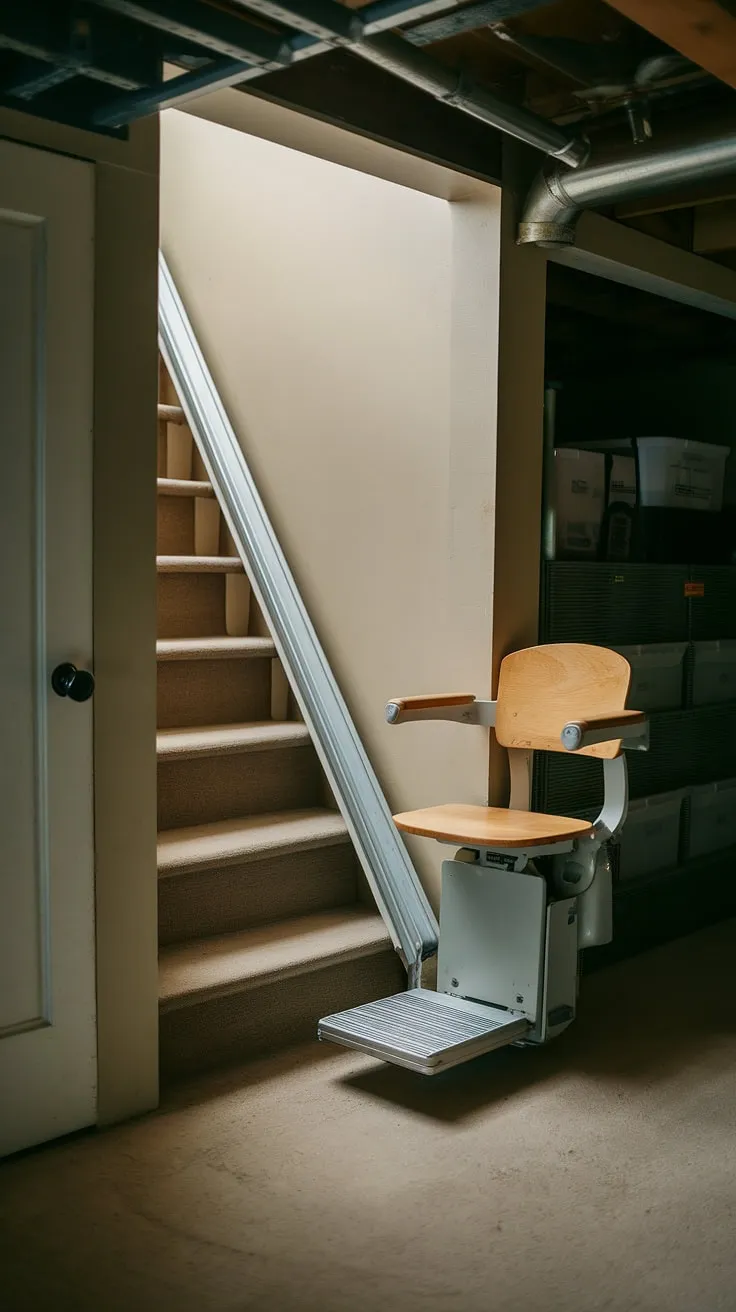 This ingenious DIY stair lift tackles the problem of moving basement stairs head-on.  Hidden away, this steep staircase is now safe stairs thanks to this custom-built solution.  For those seeking stairlift ideas or stair lift ideas to make their homes more accessible, this is a prime example of accessible home ideas.  A perfect illustration of how to make stairs less steep and create accessible homes, even with a hidden staircase.