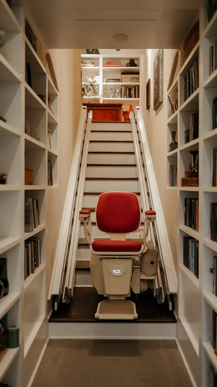 This hidden staircase, complete with a vibrant red stairlift, offers the perfect blend of style and accessibility.  Explore stair lift ideas for your own home, and discover how a steep stairs solution can create safe stairs and accessible homes.  From DIY stair lift installations to innovative ways to make stairs less steep, transforming your basement stairs is easier than you think.