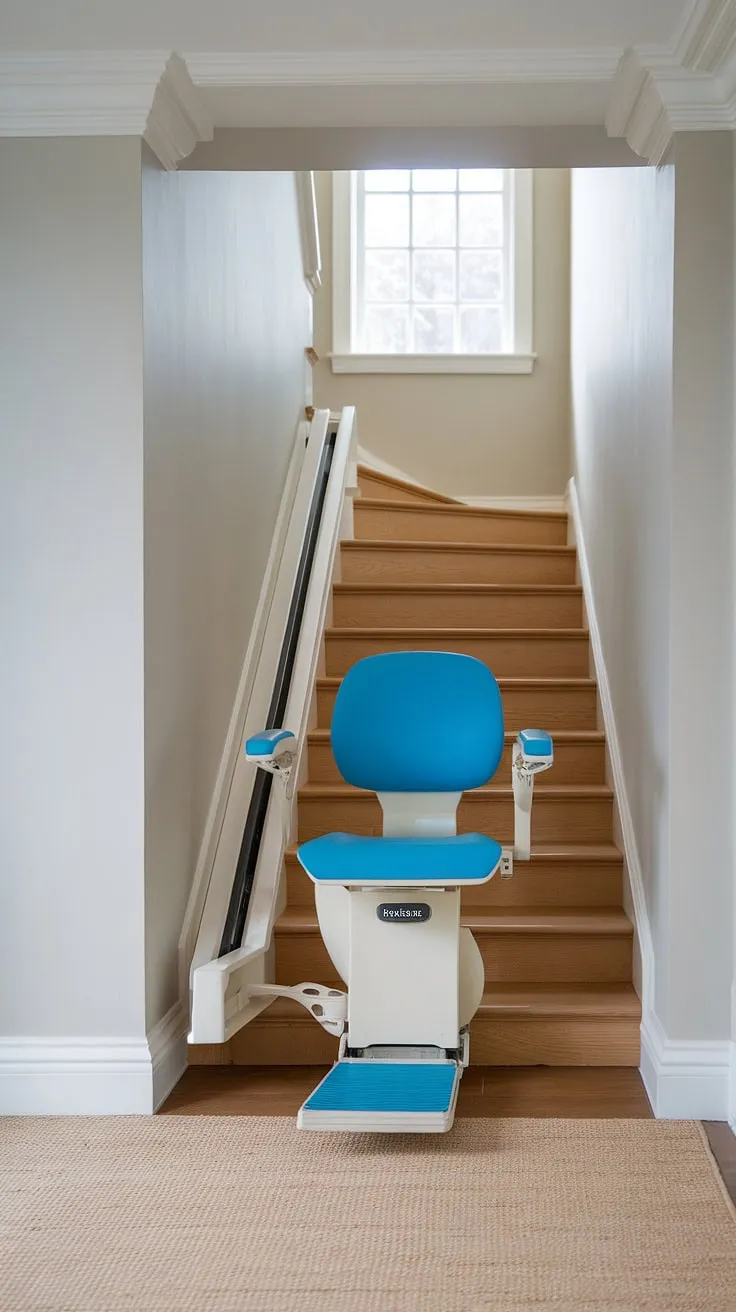 Discover the secret to safe and stylish basement access. This hidden staircase, once a challenge, is now effortlessly navigable thanks to contemporary stairlift ideas.  A sleek, bright blue stairlift provides a steep stairs solution, transforming this space into an accessible home, perfect for aging in place.  Consider this inspiration for your own accessible home ideas, whether you're exploring DIY stair lift options or simply seeking ways to make stairs less steep and moving basement stairs easier.