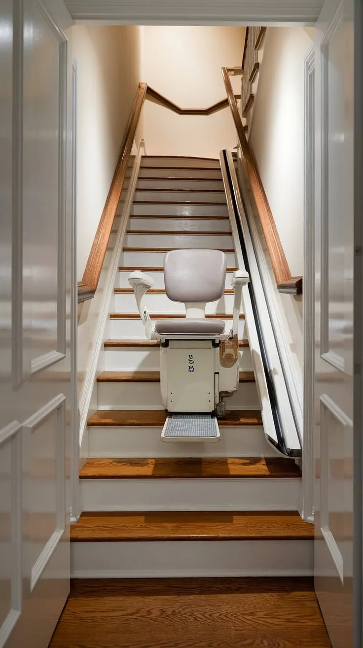This ingenious stairlift installation proves that moving basement stairs doesn't have to mean sacrificing accessibility.  The hidden staircase is now a safe stairs solution, thanks to smart stair lift ideas.  For those seeking accessible homes and considering how to make stairs less steep, this is a prime example of transforming a challenging space into an accessible and beautiful one. Explore DIY stair lift options or professional installation to find the perfect fit for your home.