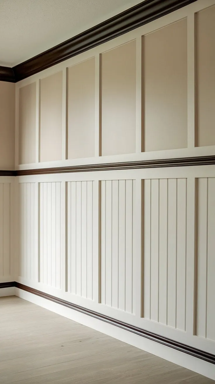 Transformed our dining room with this DIY board and batten wall featuring high wainscoting.  The crisp white board and batten trim against the light beige creates such a classic look, perfect for inspiration if you're considering wainscoting styles for a bedroom, bathroom, or even more dining room wainscoting.  The dark brown accents add just the right touch of sophistication.  This board and batten wall project was easier than expected!