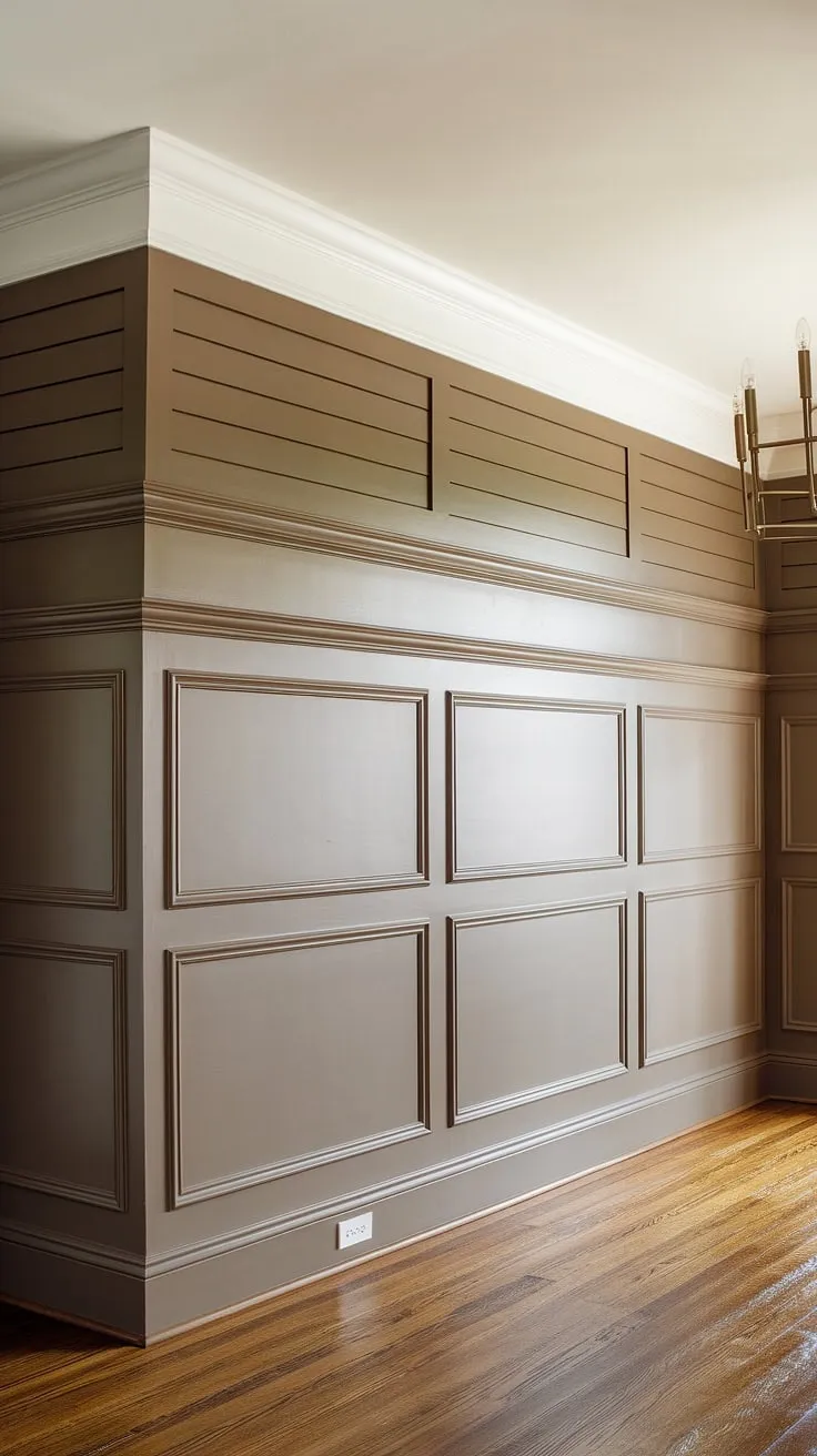 The elegant high wainscoting and board and batten trim create a stunning focal point in this dining room.  This DIY board and batten project showcases a beautiful blend of wainscoting styles, perfect for inspiring your own wainscoting bedroom or wainscoting bathroom. The wide gaps in the board and batten wall add a touch of modern flair to the classic wainscoting.
