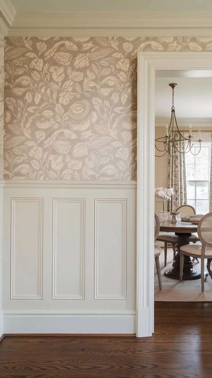 The sophisticated board and batten wall, complete with high wainscoting and a delicate floral wallpaper, transforms this dining room.  From the DIY board and batten installation to the overall effect, this space demonstrates the versatility of wainscoting styles. Imagine this same elegant look in your wainscoting bedroom or even a wainscoting bathroom—the possibilities are endless.  This is dining room wainscoting done right.