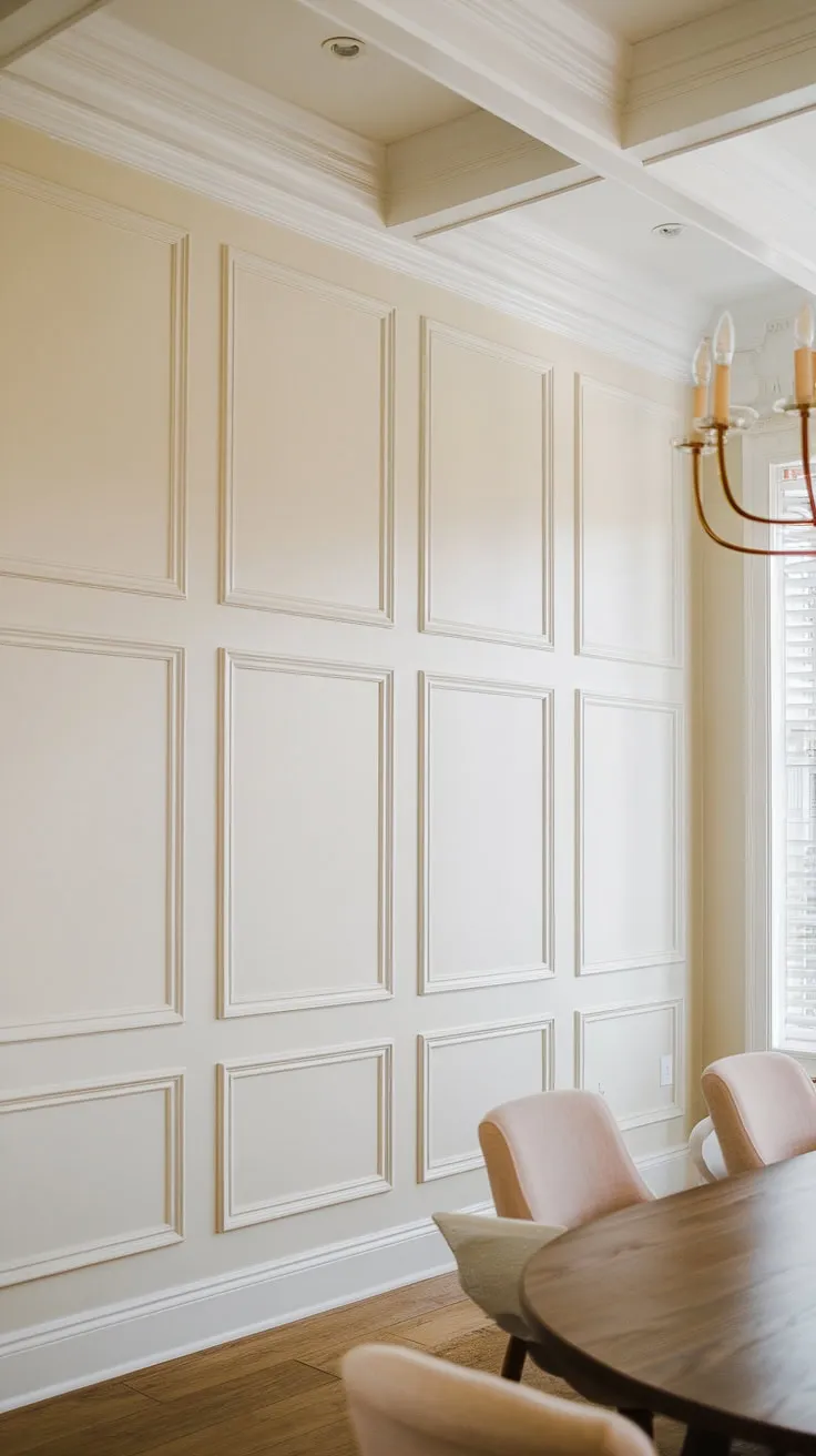 The clean lines of the white painted walls and the stunning high wainscoting create a timeless elegance in this dining room.  The board and batten trim adds a touch of rustic charm, while the overall effect is sophisticated and inviting.  Inspired by this look? Consider DIY board and batten for your own wainscoting bedroom or wainscoting bathroom.  Explore the versatility of wainscoting styles and transform your space with a board and batten wall feature.  This dining room wainscoting is a masterclass in simple yet impactful design.