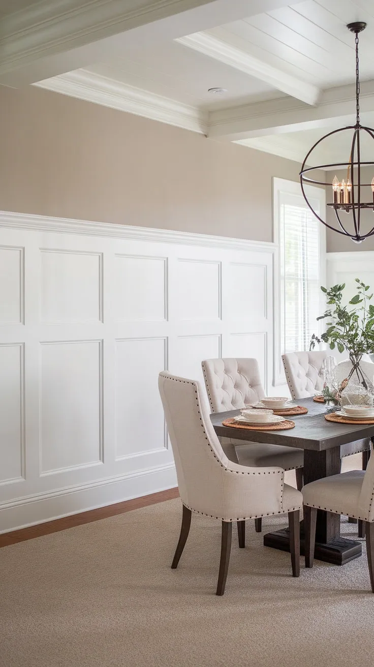 From dining room wainscoting to a DIY board and batten masterpiece above!  This high wainscoting, extending to the ceiling, showcases a stunning blend of wainscoting styles.  The light gray board and batten wall adds a touch of modern charm, while the crisp white wainscoting creates a timeless elegance.  Imagine this same board and batten trim in a wainscoting bedroom or even a wainscoting bathroom—the possibilities are endless!