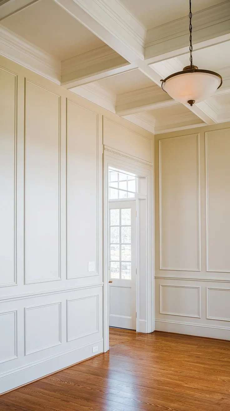 From wainscoting bedroom to dining room wainscoting, the possibilities are endless with this stunning board and batten wall.  The high wainscoting and board and batten trim, a DIY project showcasing various wainscoting styles, elevate this space with timeless elegance.  The light and airy feel, enhanced by the white paint finish and wooden floors, makes it a versatile choice for any room in the house, whether a wainscoting bathroom or a more formal setting.