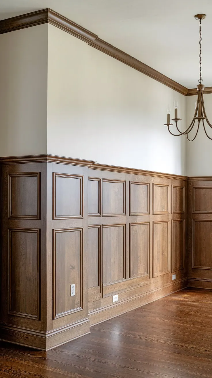 From floor to ceiling, this board and batten wall, featuring high wainscoting, creates a captivating focal point.  The rich wood tones against the crisp white walls highlight the beauty of board batten and inspire countless wainscoting styles. This project proves that DIY board and batten can achieve professional results, perfect for a dining room, bedroom, or even bathroom.