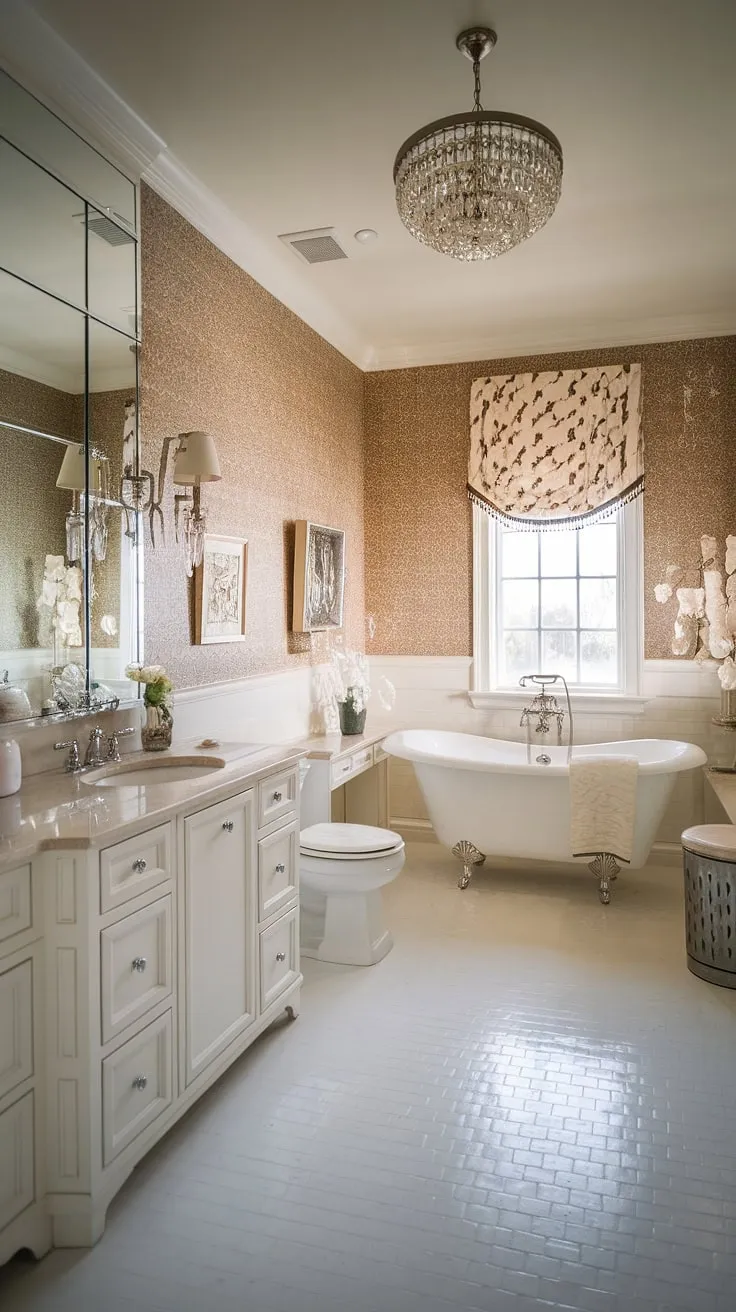 Indulge in the opulent serenity of this Hollywood Regency bathroom. The beige and white palette, complemented by the exquisite wallpaper and a shimmering chandelier, creates a sanctuary of understated luxury. A freestanding tub beckons for a long, relaxing soak.