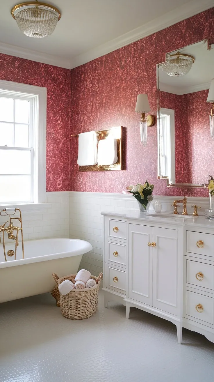 Step into a world of sophisticated serenity. This Hollywood Regency bathroom, with its delicate pink floral wallpaper and luxurious gold detailing, offers a captivating blend of classic design and modern comfort. A truly unforgettable space.
