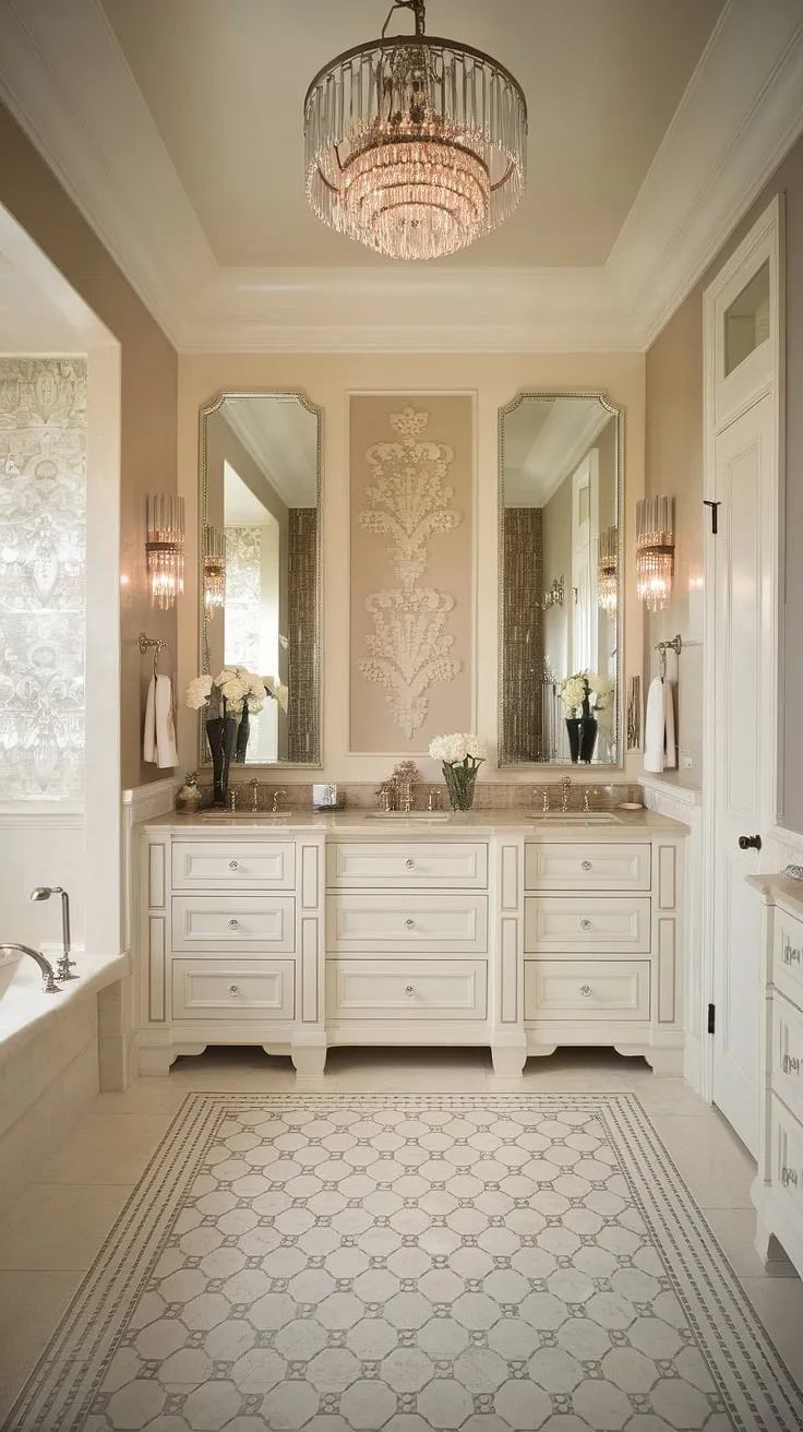 Indulge in the refined elegance of this Hollywood Regency bathroom. The subtle beige and white palette, complemented by intricate wall detailing and a shimmering chandelier, creates an oasis of calm and luxurious comfort. A testament to timeless design.