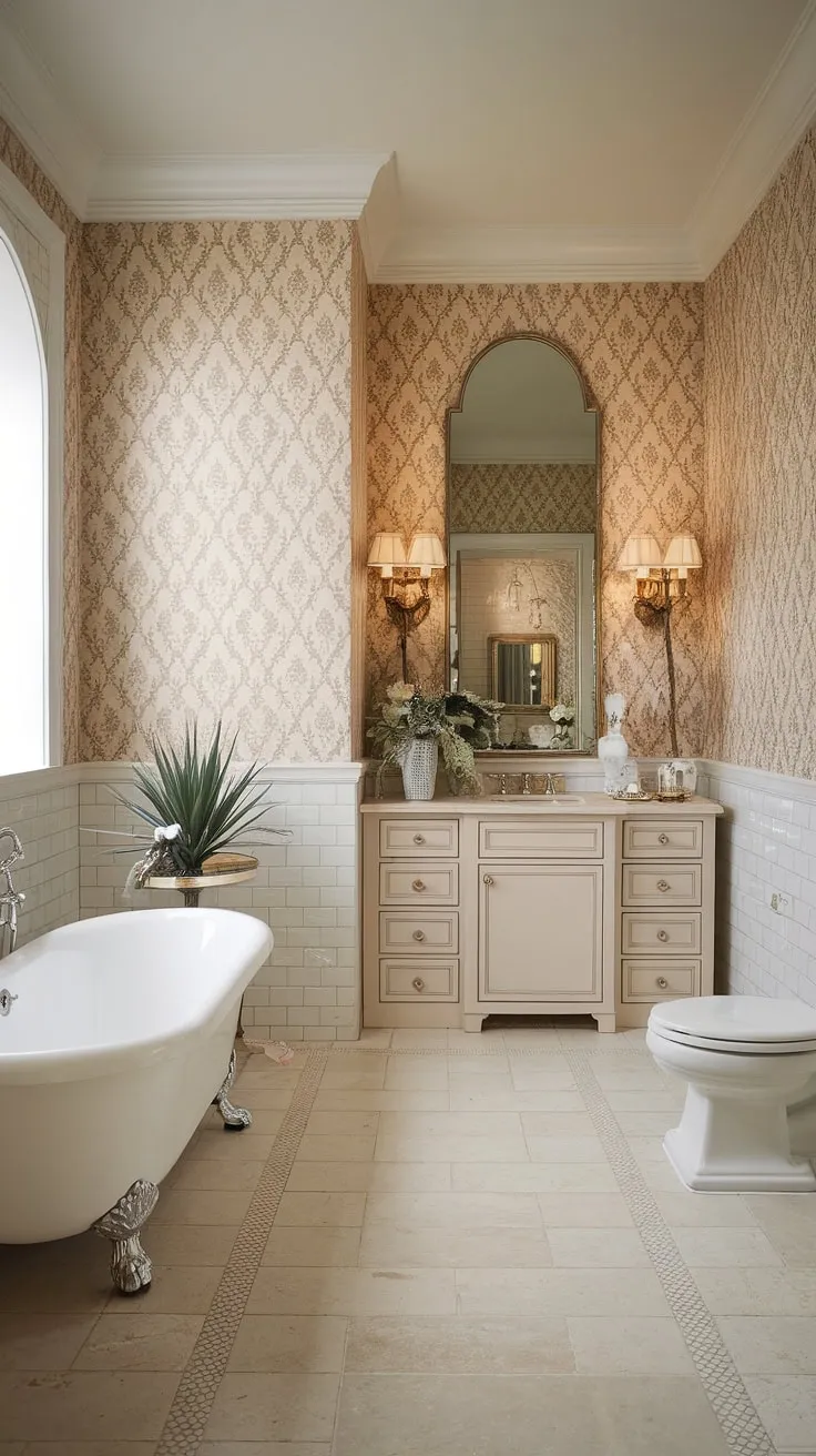 Indulge in the timeless elegance of this Hollywood Regency bathroom. The subtle beige wallpaper, paired with the freestanding tub and classic vanity, creates a sanctuary of refined luxury. A perfect blend of old-world charm and modern comfort.